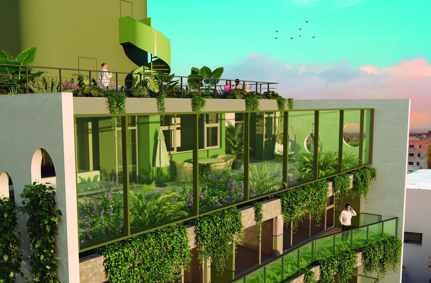 Terraza del penthouse con vegetación y vista abierta