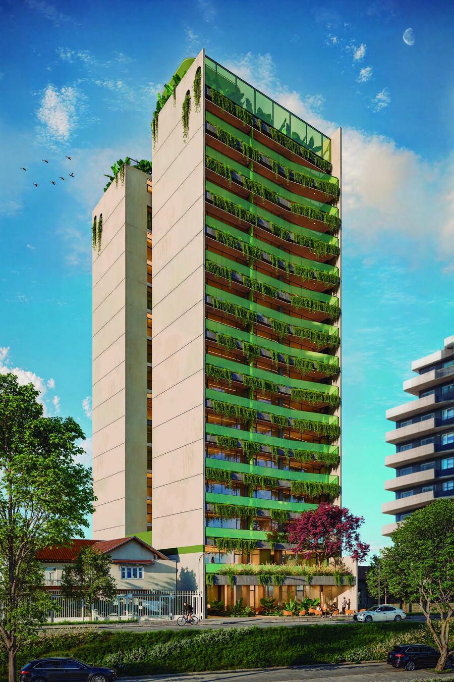 Vista completa de Torre Botánica, 16 pisos con balcones verdes